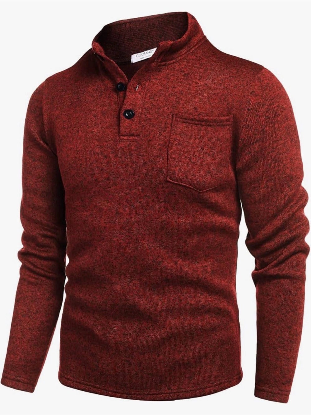 NWT COOFANDY Men's Casual Henley Pullover Thermal Fleece Slim Fit Sweater Red L - Picture 2 of 2